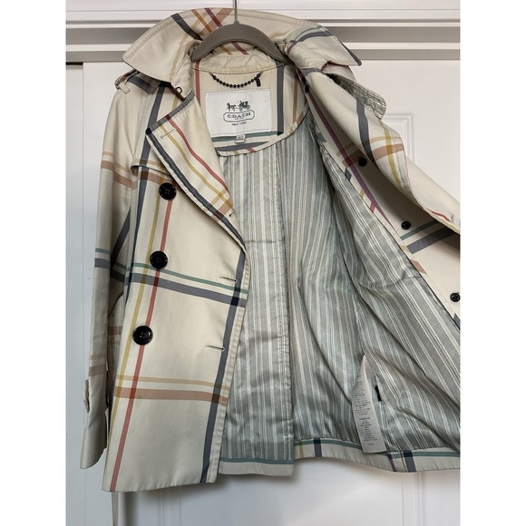 Coach, Women's Tattersall Plaid Belted Short Classic Lined TrenchCoat, size XS - Picture 7 of 10